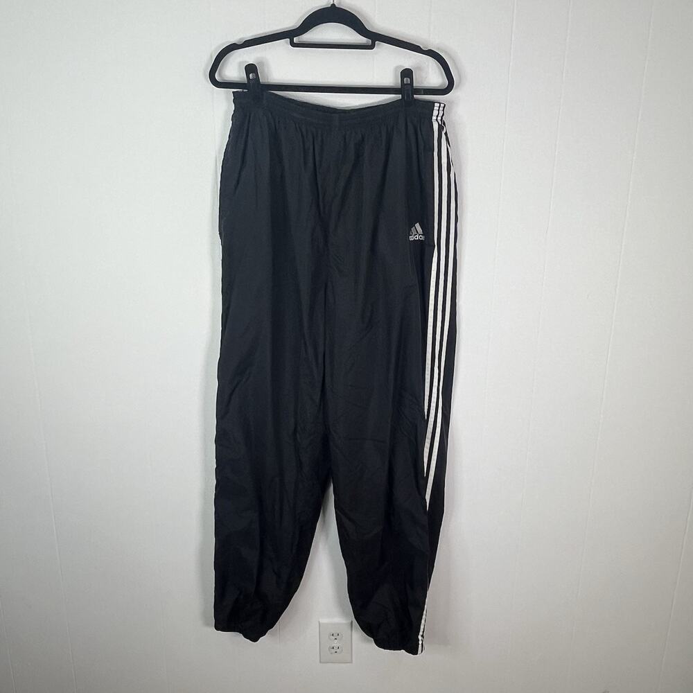 READ Vintage 90s Adidas 3 Stripe Nylon Track Pants XXL Black White Lined